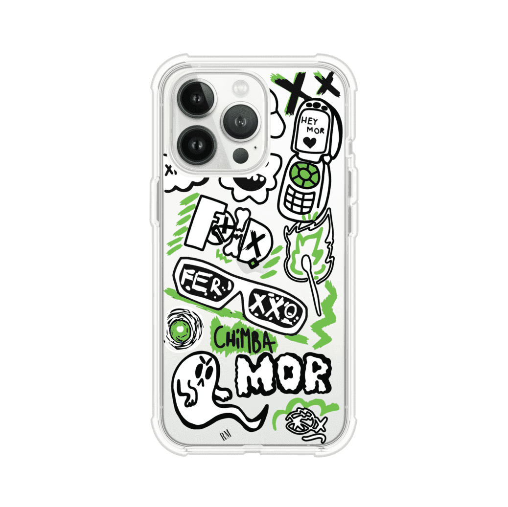Funda para iPhone con diseño inspirado en FERXXO. Incluye stickers con frases como “CHIMBA MOR”, íconos urbanos y colores verde neón y negro. Estilo reggaetonero y atrevido, ideal para fans de Feid. Producto de Remark Mx