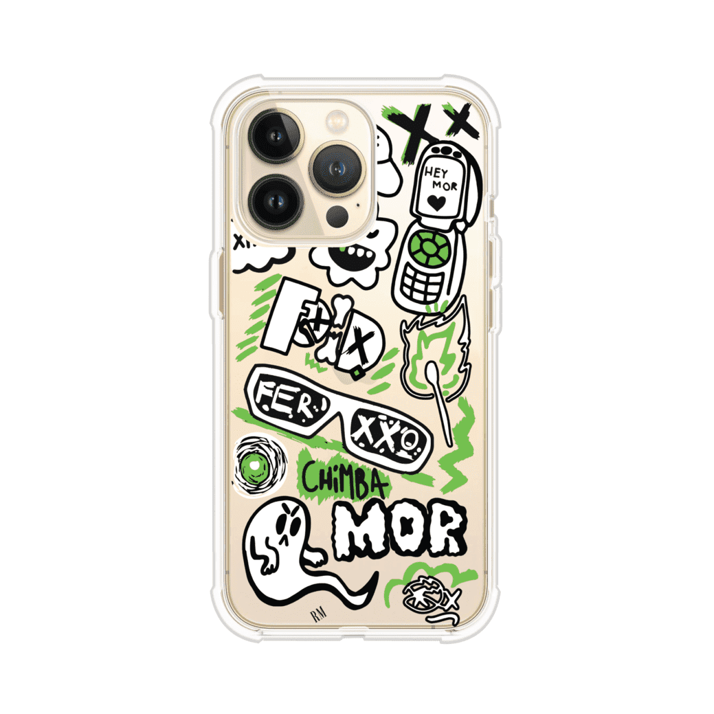 Funda para iPhone con diseño inspirado en FERXXO. Incluye stickers con frases como “CHIMBA MOR”, íconos urbanos y colores verde neón y negro. Estilo reggaetonero y atrevido, ideal para fans de Feid. Producto de Remark Mx