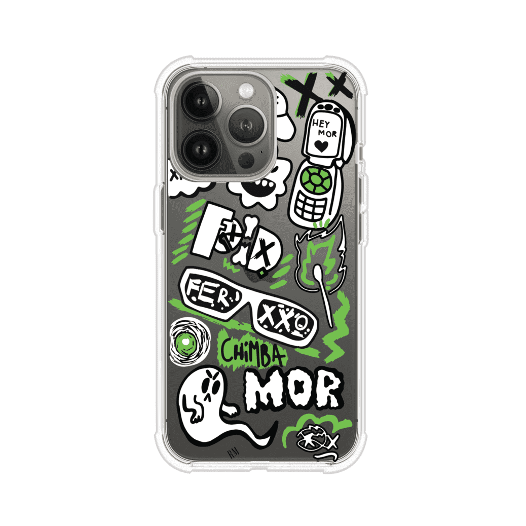 Funda para iPhone con diseño inspirado en FERXXO. Incluye stickers con frases como “CHIMBA MOR”, íconos urbanos y colores verde neón y negro. Estilo reggaetonero y atrevido, ideal para fans de Feid. Producto de Remark Mx