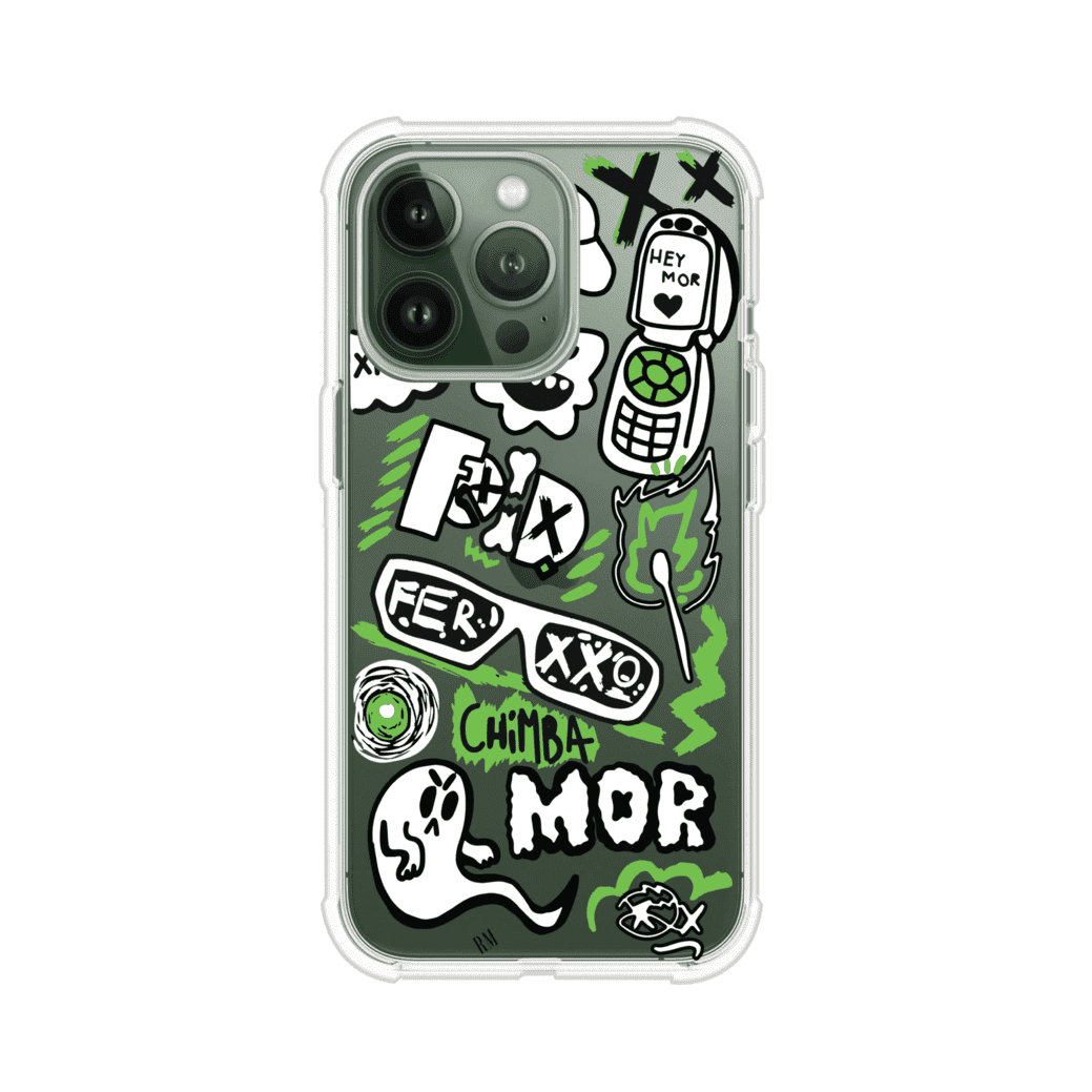Funda para iPhone con diseño inspirado en FERXXO. Incluye stickers con frases como “CHIMBA MOR”, íconos urbanos y colores verde neón y negro. Estilo reggaetonero y atrevido, ideal para fans de Feid. Producto de Remark Mx