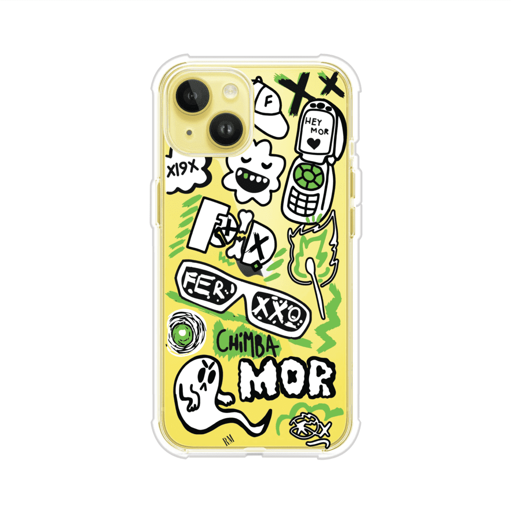 Funda para iPhone con diseño inspirado en FERXXO. Incluye stickers con frases como “CHIMBA MOR”, íconos urbanos y colores verde neón y negro. Estilo reggaetonero y atrevido, ideal para fans de Feid. Producto de Remark Mx