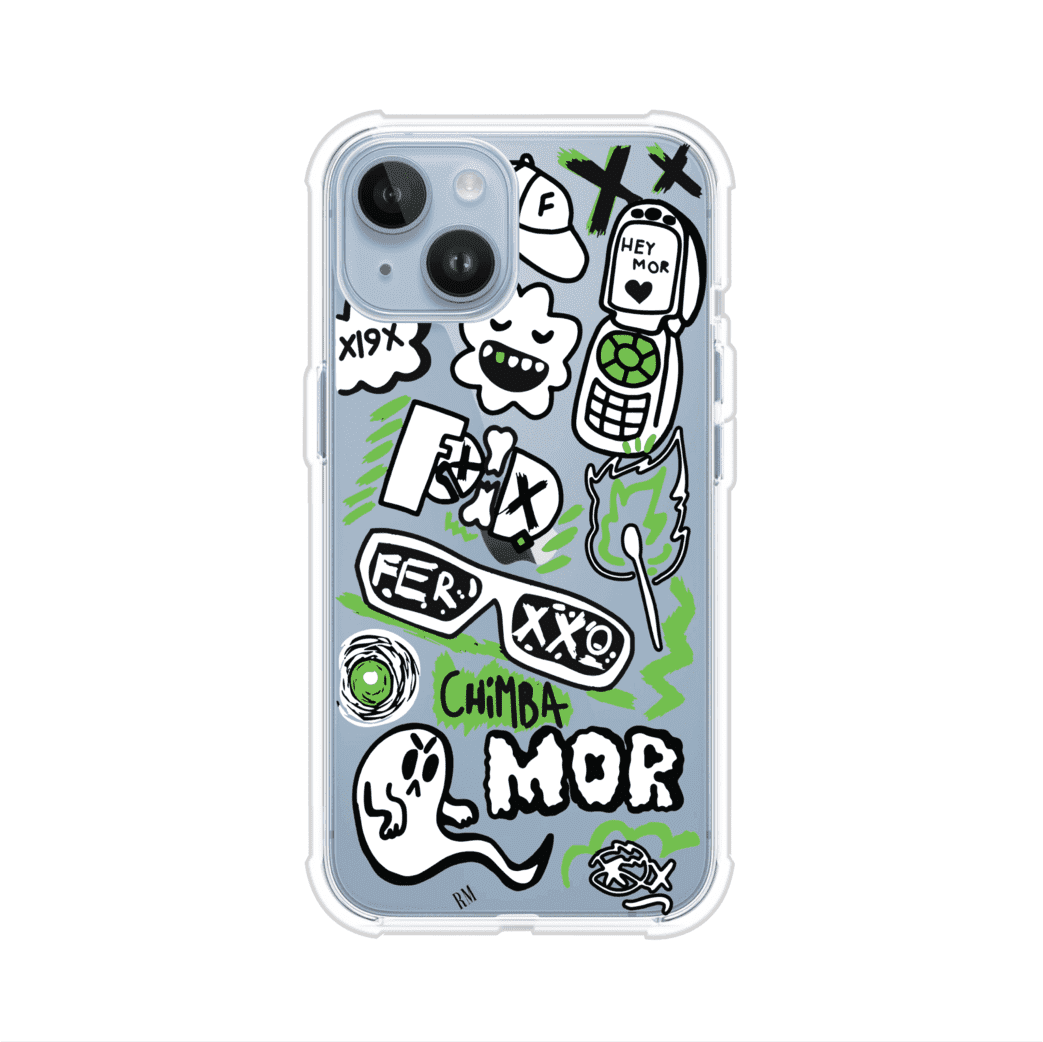 Funda para iPhone con diseño inspirado en FERXXO. Incluye stickers con frases como “CHIMBA MOR”, íconos urbanos y colores verde neón y negro. Estilo reggaetonero y atrevido, ideal para fans de Feid. Producto de Remark Mx