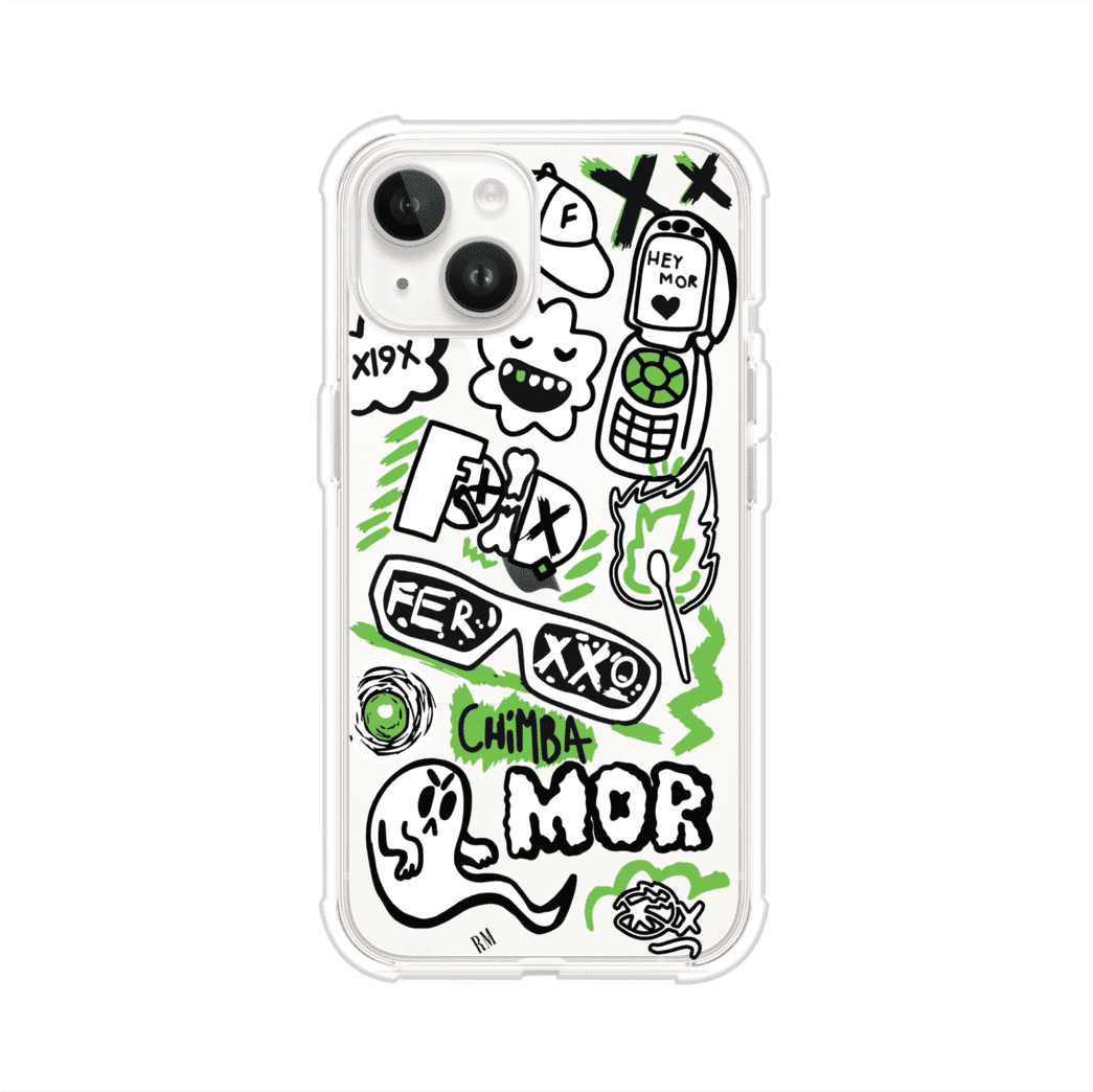 Funda para iPhone con diseño inspirado en FERXXO. Incluye stickers con frases como “CHIMBA MOR”, íconos urbanos y colores verde neón y negro. Estilo reggaetonero y atrevido, ideal para fans de Feid. Producto de Remark Mx