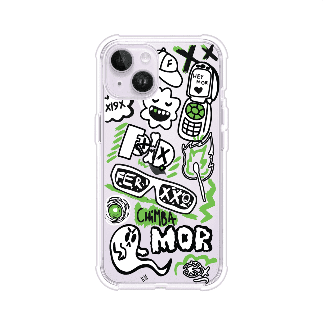 Funda para iPhone con diseño inspirado en FERXXO. Incluye stickers con frases como “CHIMBA MOR”, íconos urbanos y colores verde neón y negro. Estilo reggaetonero y atrevido, ideal para fans de Feid. Producto de Remark Mx