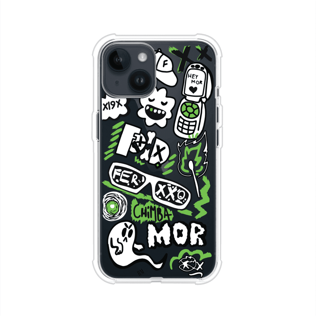 Funda para iPhone con diseño inspirado en FERXXO. Incluye stickers con frases como “CHIMBA MOR”, íconos urbanos y colores verde neón y negro. Estilo reggaetonero y atrevido, ideal para fans de Feid. Producto de Remark Mx