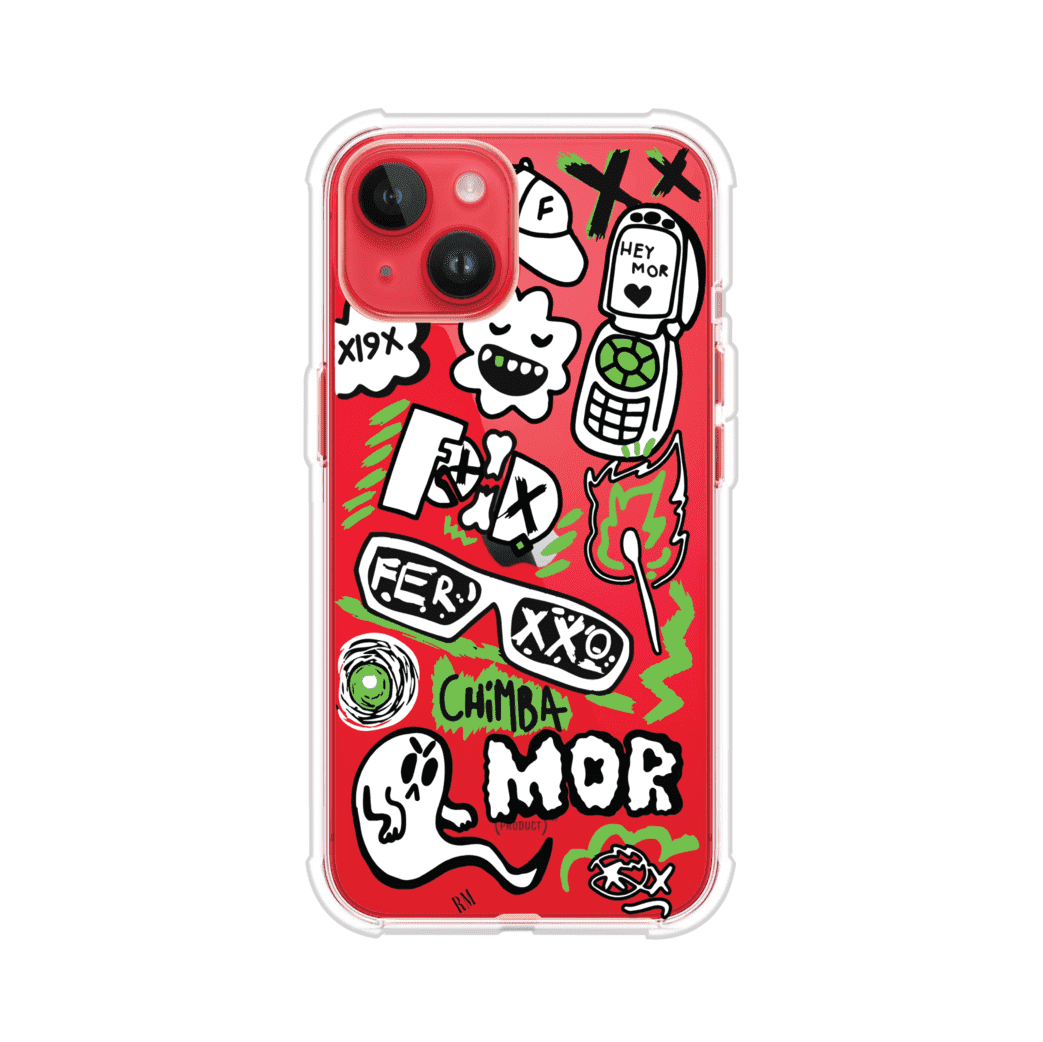 Funda para iPhone con diseño inspirado en FERXXO. Incluye stickers con frases como “CHIMBA MOR”, íconos urbanos y colores verde neón y negro. Estilo reggaetonero y atrevido, ideal para fans de Feid. Producto de Remark Mx