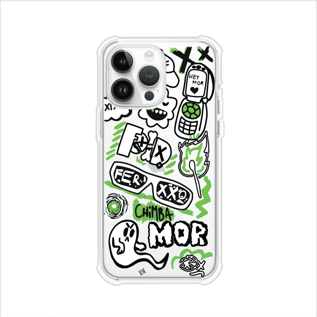 Funda para iPhone con diseño inspirado en FERXXO. Incluye stickers con frases como “CHIMBA MOR”, íconos urbanos y colores verde neón y negro. Estilo reggaetonero y atrevido, ideal para fans de Feid. Producto de Remark Mx