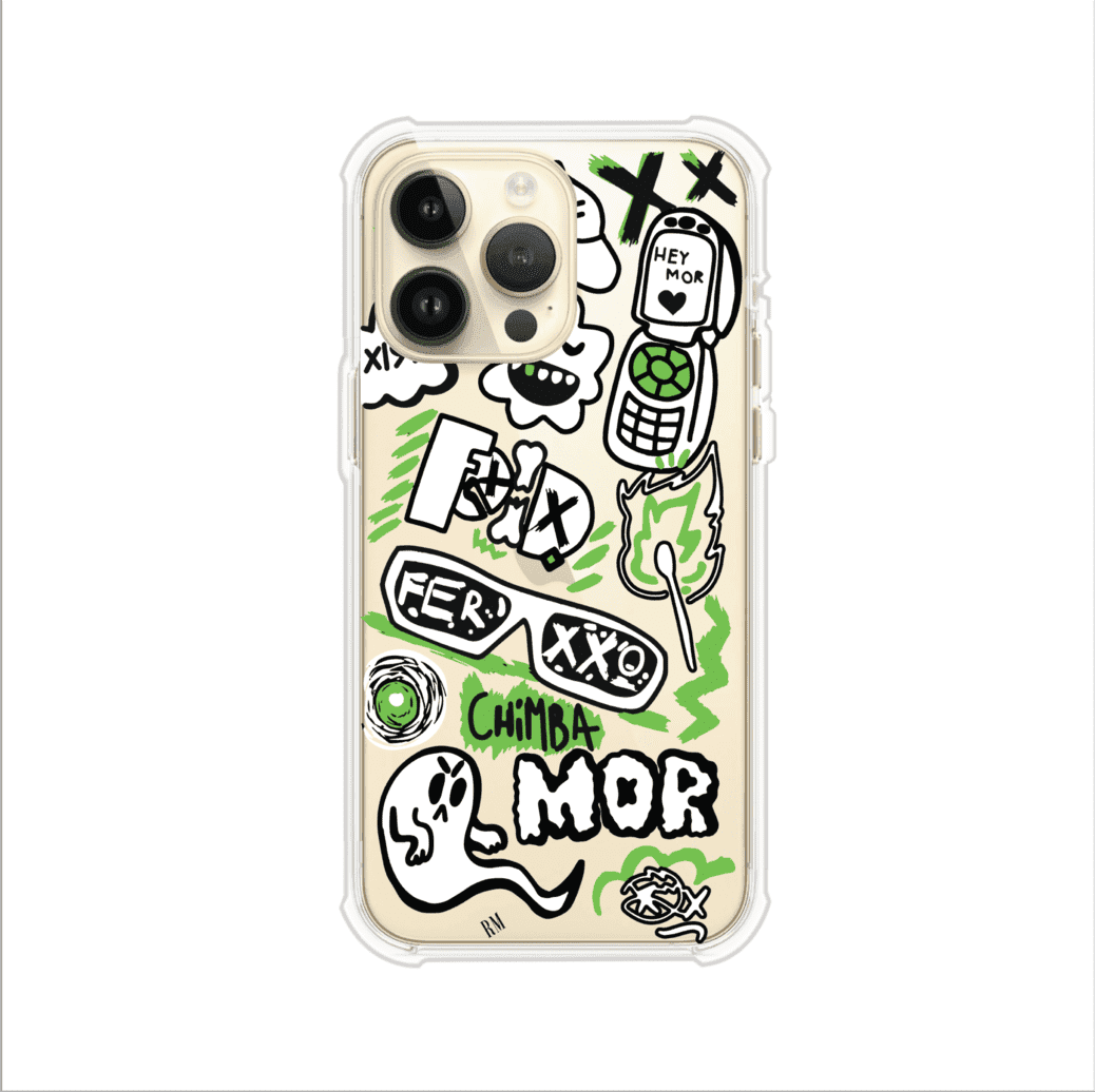 Funda para iPhone con diseño inspirado en FERXXO. Incluye stickers con frases como “CHIMBA MOR”, íconos urbanos y colores verde neón y negro. Estilo reggaetonero y atrevido, ideal para fans de Feid. Producto de Remark Mx