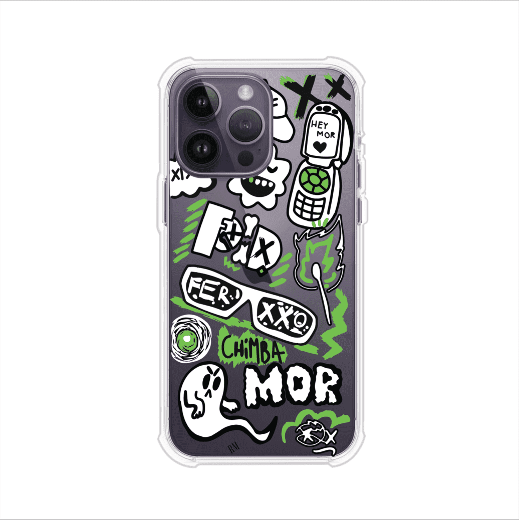 Funda para iPhone con diseño inspirado en FERXXO. Incluye stickers con frases como “CHIMBA MOR”, íconos urbanos y colores verde neón y negro. Estilo reggaetonero y atrevido, ideal para fans de Feid. Producto de Remark Mx