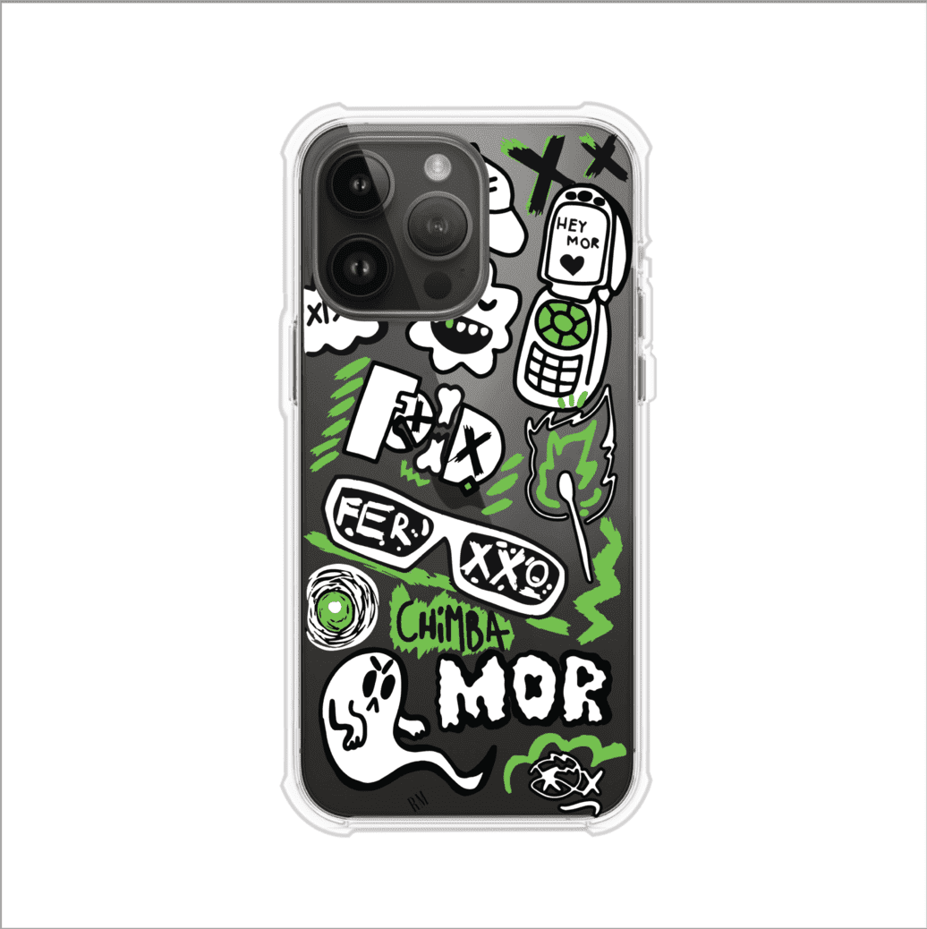 Funda para iPhone con diseño inspirado en FERXXO. Incluye stickers con frases como “CHIMBA MOR”, íconos urbanos y colores verde neón y negro. Estilo reggaetonero y atrevido, ideal para fans de Feid. Producto de Remark Mx