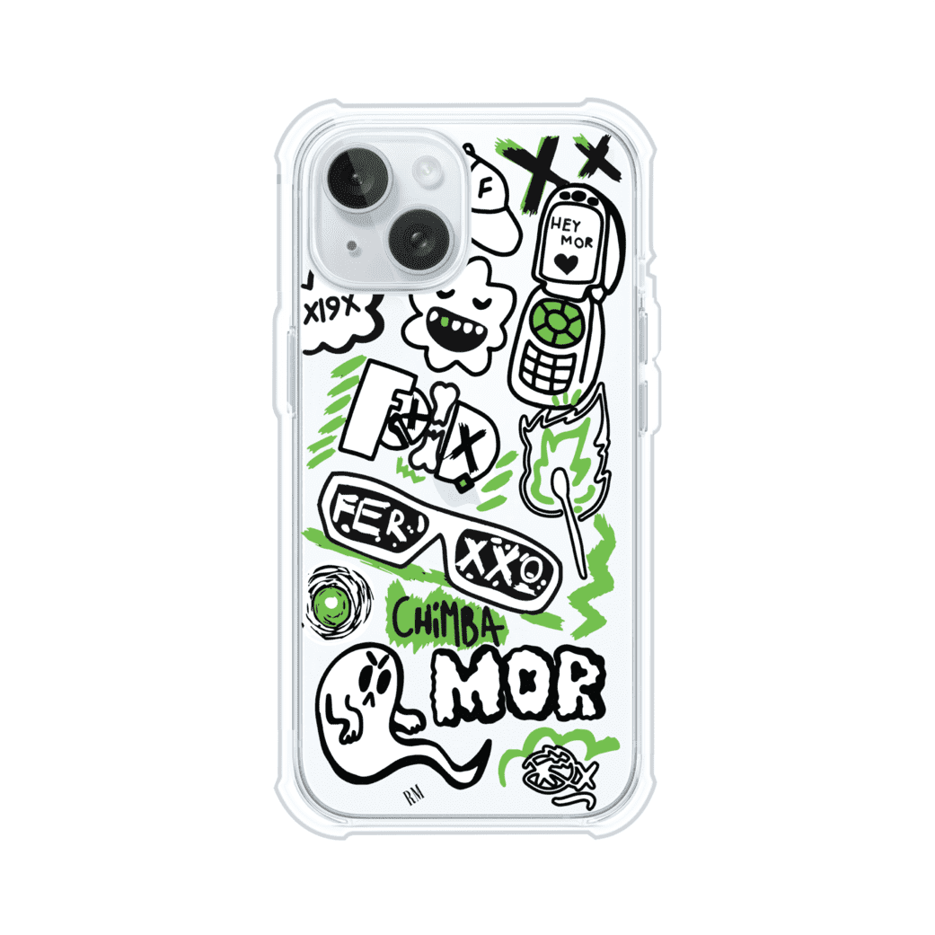 Funda para iPhone con diseño inspirado en FERXXO. Incluye stickers con frases como “CHIMBA MOR”, íconos urbanos y colores verde neón y negro. Estilo reggaetonero y atrevido, ideal para fans de Feid. Producto de Remark Mx