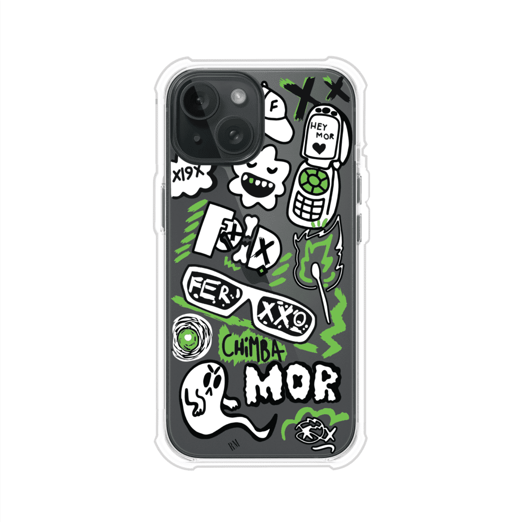 Funda para iPhone con diseño inspirado en FERXXO. Incluye stickers con frases como “CHIMBA MOR”, íconos urbanos y colores verde neón y negro. Estilo reggaetonero y atrevido, ideal para fans de Feid. Producto de Remark Mx