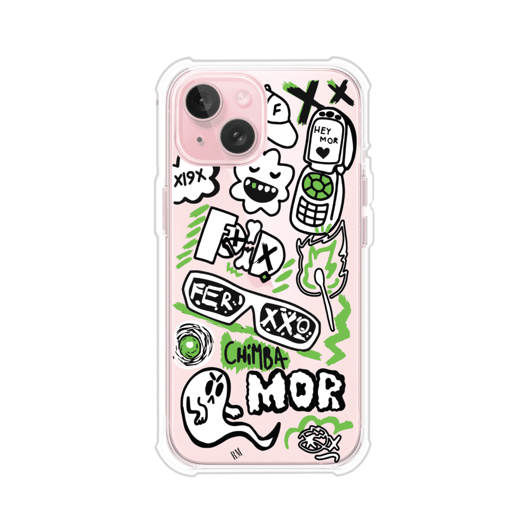 Funda para iPhone con diseño inspirado en FERXXO. Incluye stickers con frases como “CHIMBA MOR”, íconos urbanos y colores verde neón y negro. Estilo reggaetonero y atrevido, ideal para fans de Feid. Producto de Remark Mx