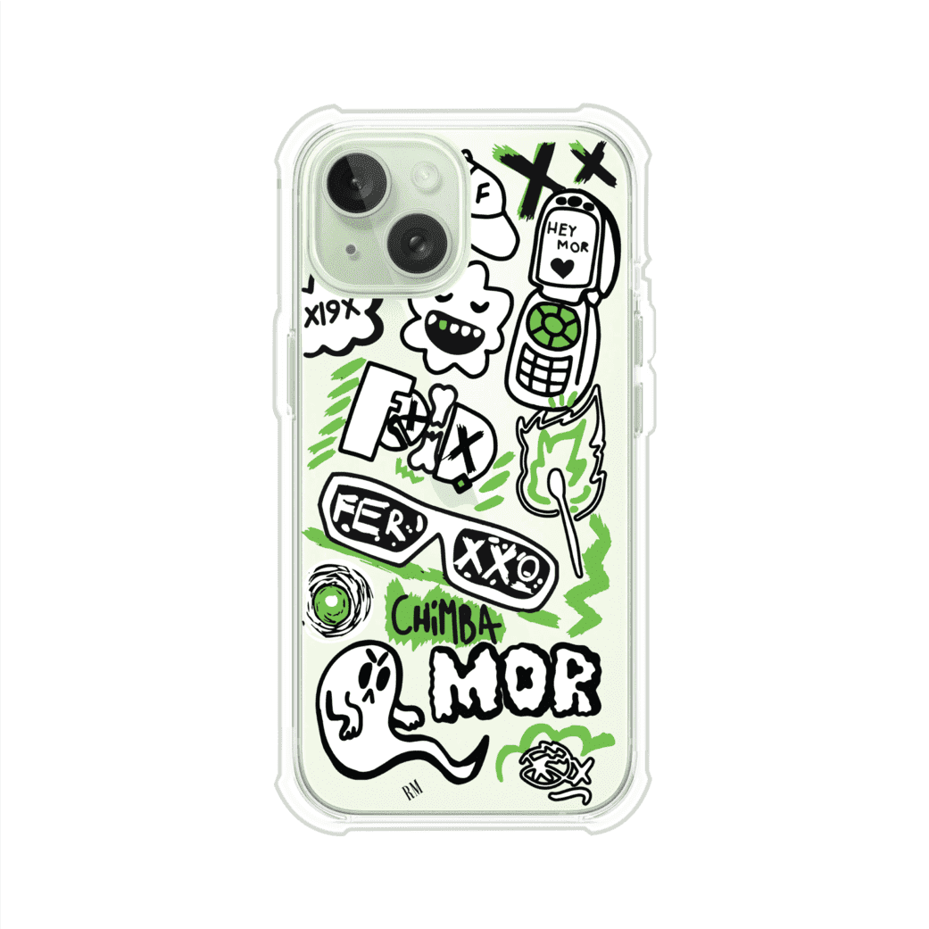 Funda para iPhone con diseño inspirado en FERXXO. Incluye stickers con frases como “CHIMBA MOR”, íconos urbanos y colores verde neón y negro. Estilo reggaetonero y atrevido, ideal para fans de Feid. Producto de Remark Mx