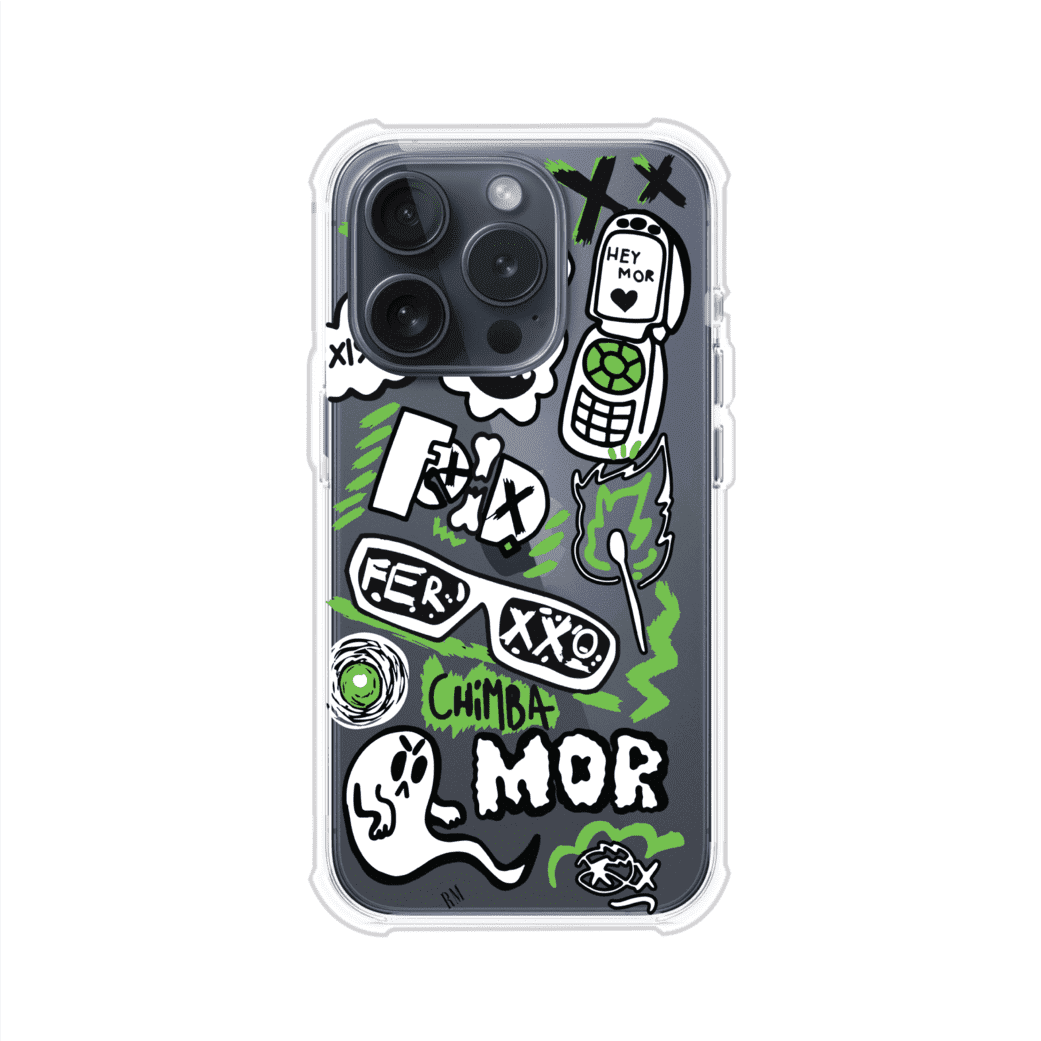Funda para iPhone con diseño inspirado en FERXXO. Incluye stickers con frases como “CHIMBA MOR”, íconos urbanos y colores verde neón y negro. Estilo reggaetonero y atrevido, ideal para fans de Feid. Producto de Remark Mx