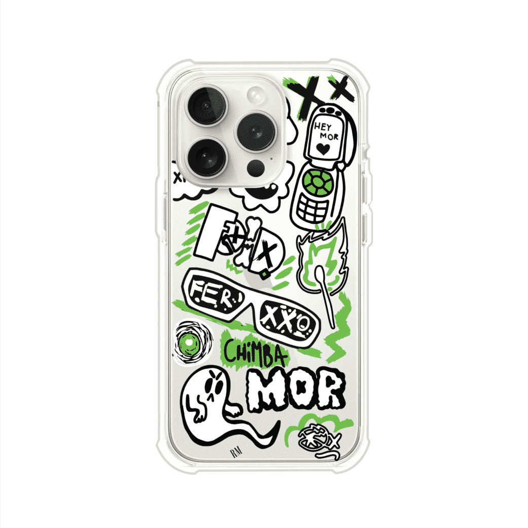 Funda para iPhone con diseño inspirado en FERXXO. Incluye stickers con frases como “CHIMBA MOR”, íconos urbanos y colores verde neón y negro. Estilo reggaetonero y atrevido, ideal para fans de Feid. Producto de Remark Mx