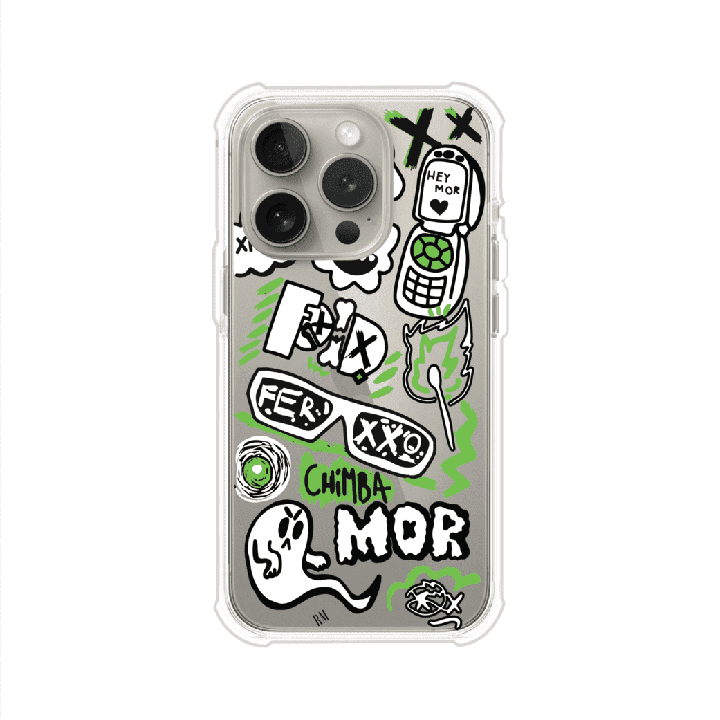 Funda para iPhone con diseño inspirado en FERXXO. Incluye stickers con frases como “CHIMBA MOR”, íconos urbanos y colores verde neón y negro. Estilo reggaetonero y atrevido, ideal para fans de Feid. Producto de Remark Mx
