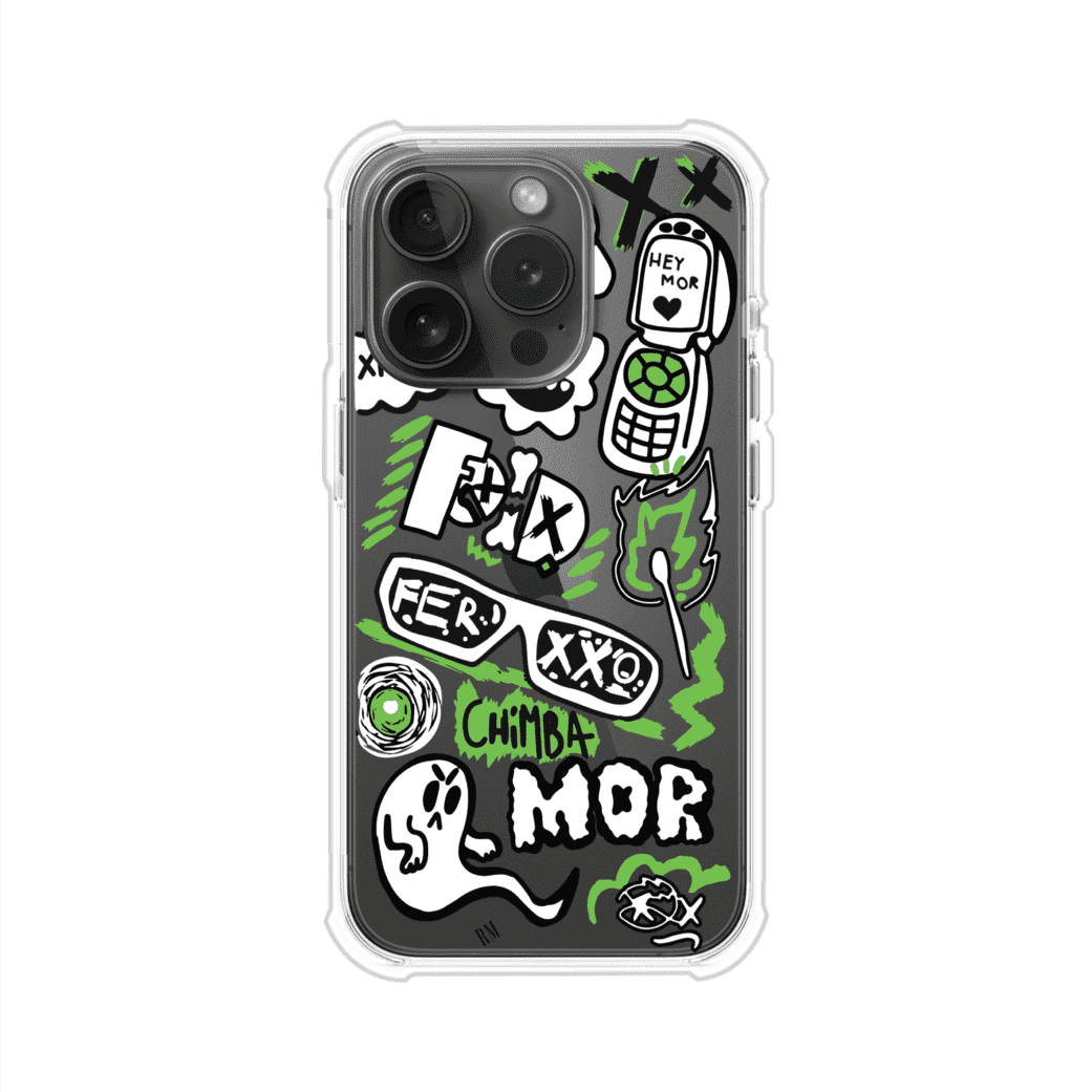 Funda para iPhone con diseño inspirado en FERXXO. Incluye stickers con frases como “CHIMBA MOR”, íconos urbanos y colores verde neón y negro. Estilo reggaetonero y atrevido, ideal para fans de Feid. Producto de Remark Mx