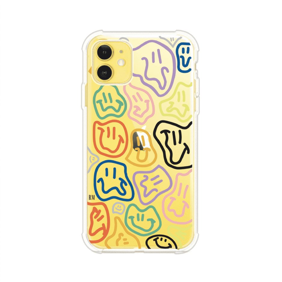 Funda para iPhone con diseño de caritas distorsionadas en colores neón sobre fondo negro. Estilo artístico, divertido y psicodélico. Diseño original de Remark MX