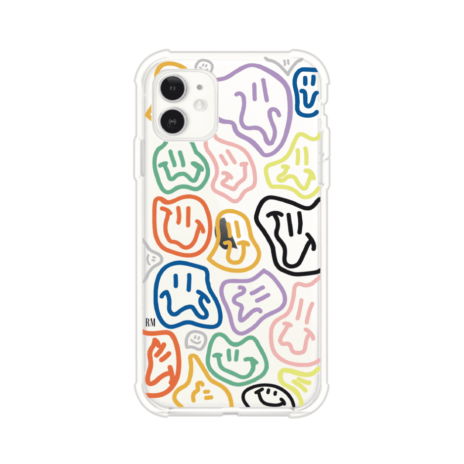 Funda para iPhone con diseño de caritas distorsionadas en colores neón sobre fondo negro. Estilo artístico, divertido y psicodélico. Diseño original de Remark MX