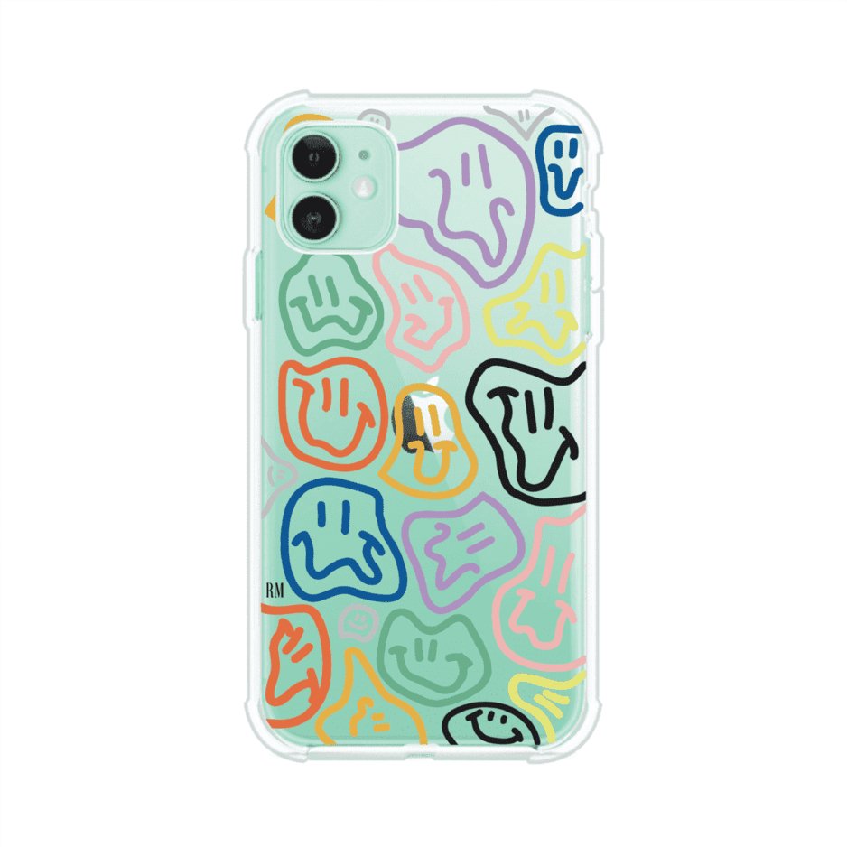 Funda para iPhone con diseño de caritas distorsionadas en colores neón sobre fondo negro. Estilo artístico, divertido y psicodélico. Diseño original de Remark MX