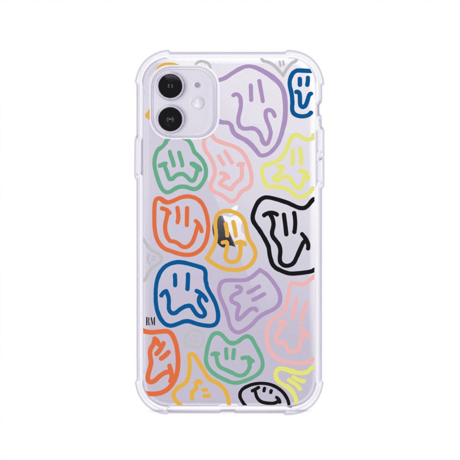 Funda para iPhone con diseño de caritas distorsionadas en colores neón sobre fondo negro. Estilo artístico, divertido y psicodélico. Diseño original de Remark MX