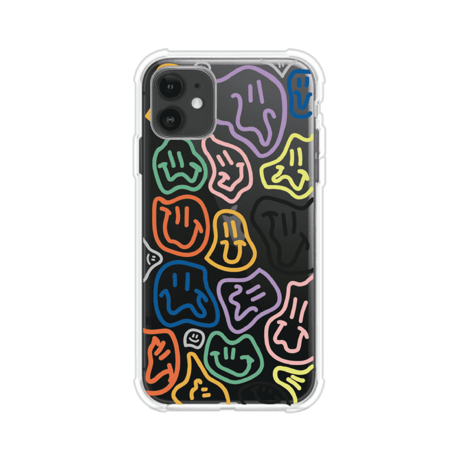 Funda para iPhone con diseño de caritas distorsionadas en colores neón sobre fondo negro. Estilo artístico, divertido y psicodélico. Diseño original de Remark MX