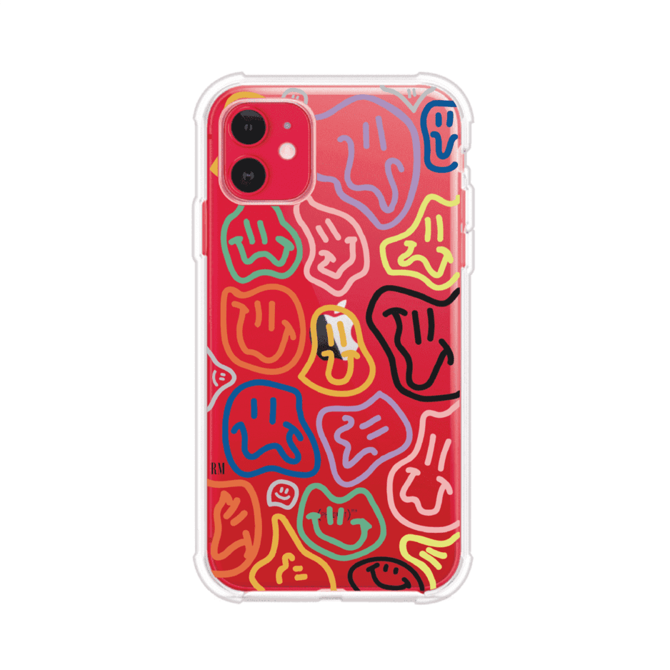 Funda para iPhone con diseño de caritas distorsionadas en colores neón sobre fondo negro. Estilo artístico, divertido y psicodélico. Diseño original de Remark MX