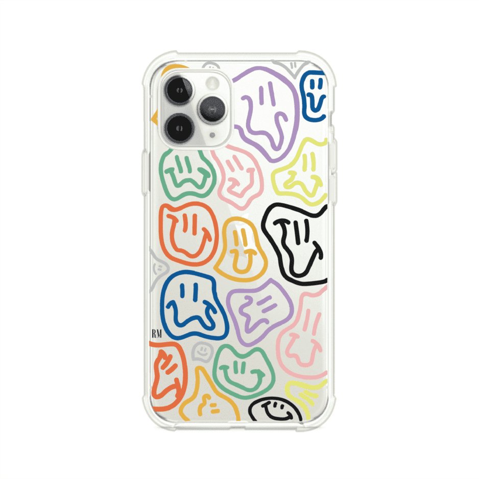Funda para iPhone con diseño de caritas distorsionadas en colores neón sobre fondo negro. Estilo artístico, divertido y psicodélico. Diseño original de Remark MX