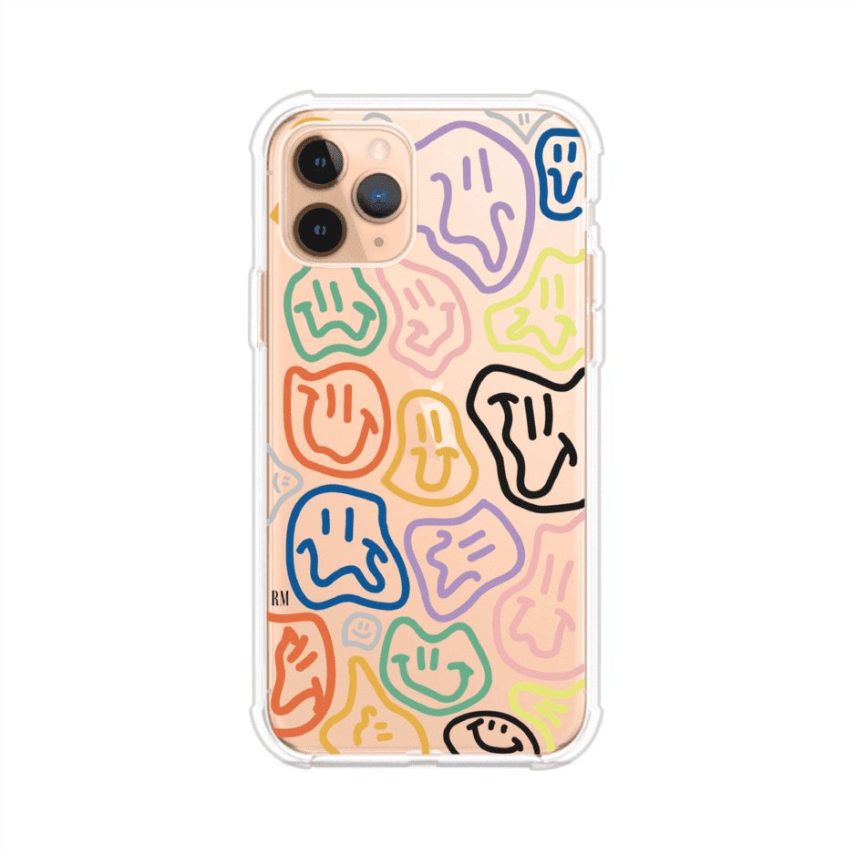 Funda para iPhone con diseño de caritas distorsionadas en colores neón sobre fondo negro. Estilo artístico, divertido y psicodélico. Diseño original de Remark MX