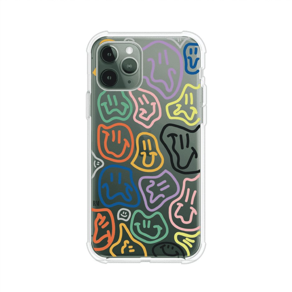 Funda para iPhone con diseño de caritas distorsionadas en colores neón sobre fondo negro. Estilo artístico, divertido y psicodélico. Diseño original de Remark MX