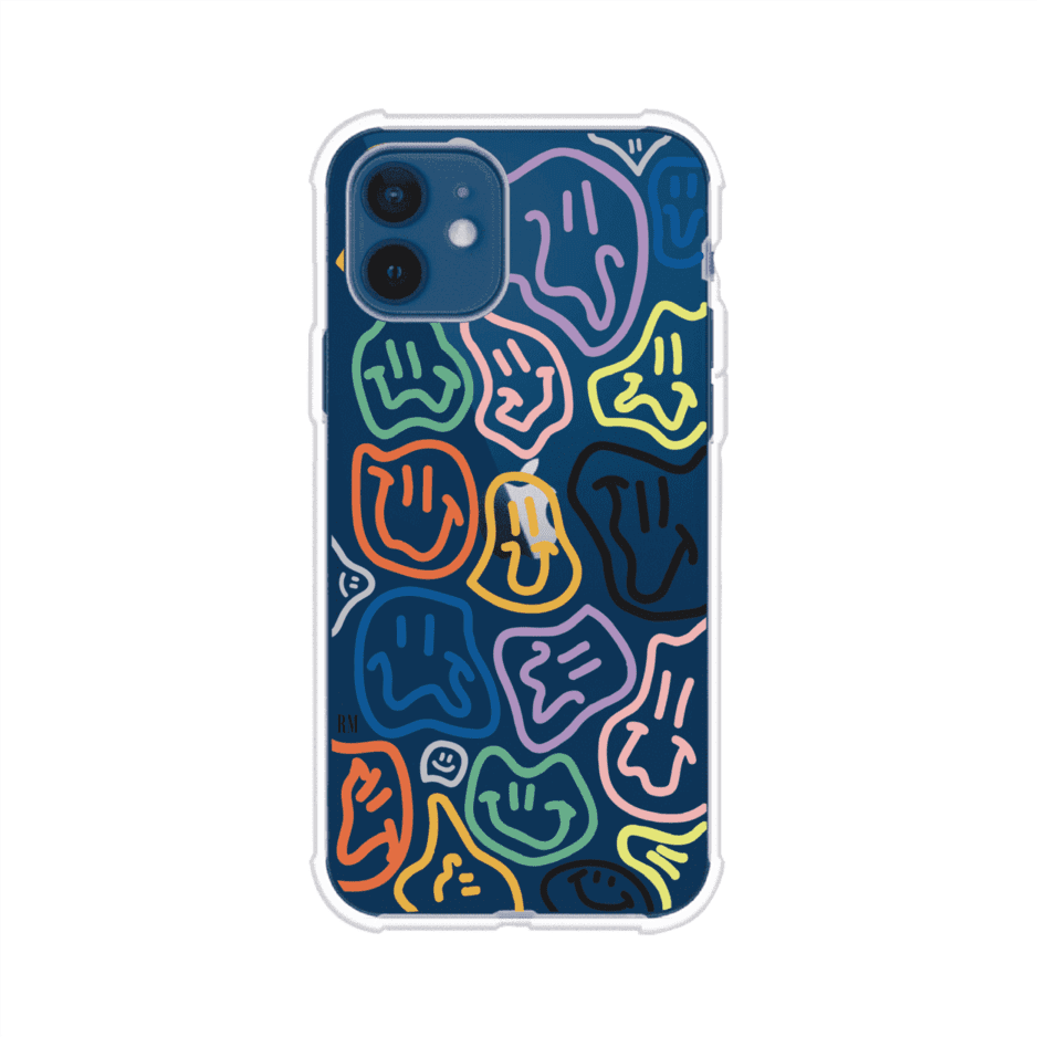 Funda para iPhone con diseño de caritas distorsionadas en colores neón sobre fondo negro. Estilo artístico, divertido y psicodélico. Diseño original de Remark MX