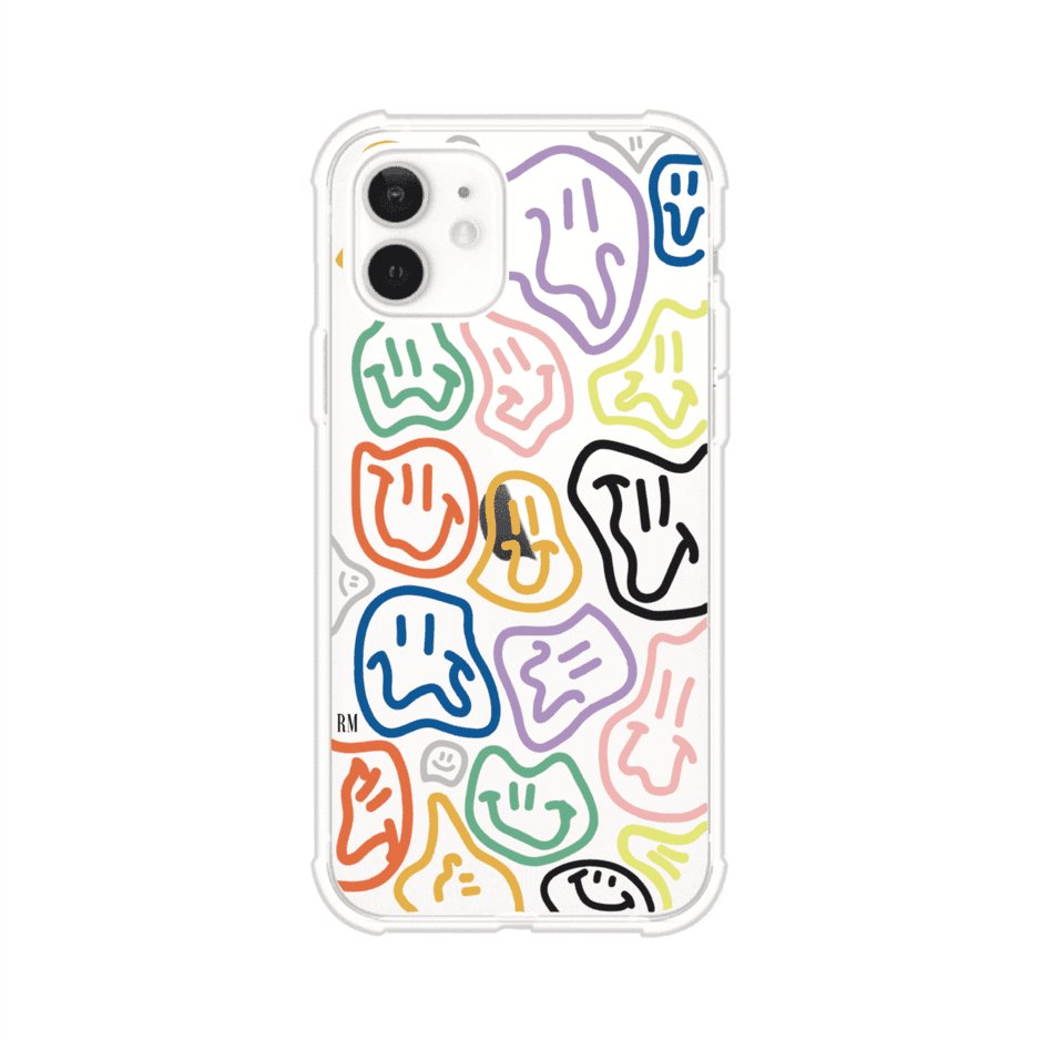 Funda para iPhone con diseño de caritas distorsionadas en colores neón sobre fondo negro. Estilo artístico, divertido y psicodélico. Diseño original de Remark MX