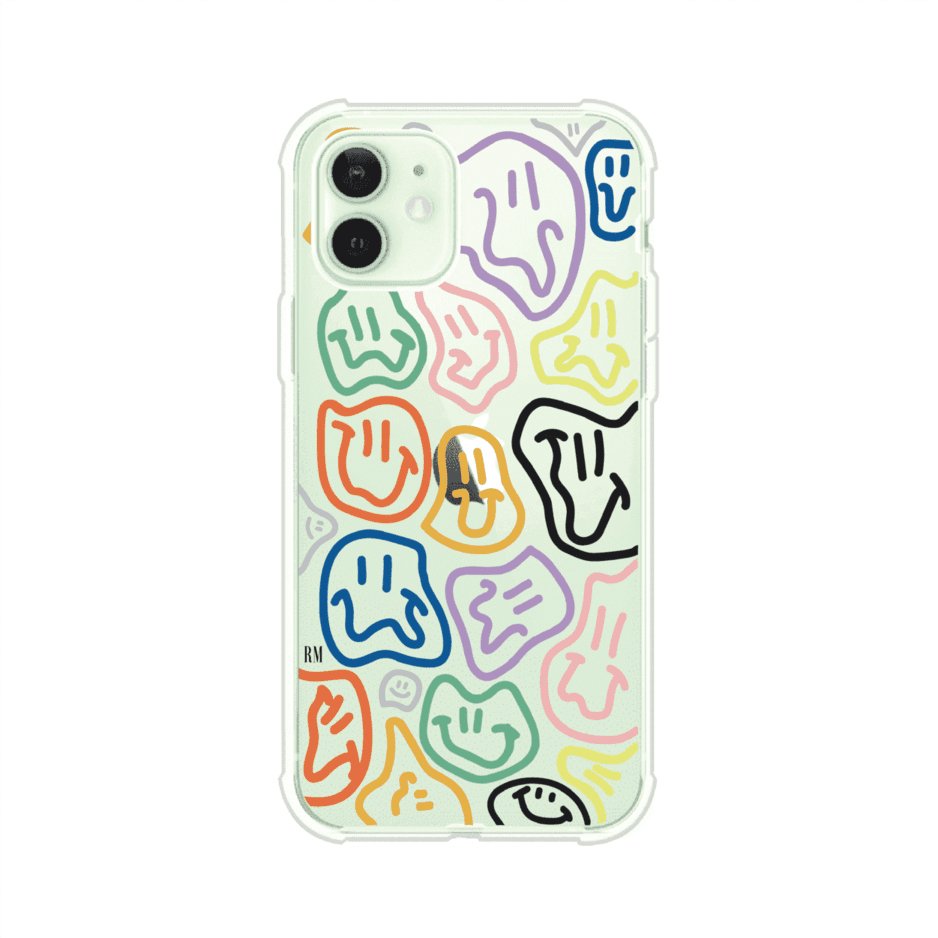 Funda para iPhone con diseño de caritas distorsionadas en colores neón sobre fondo negro. Estilo artístico, divertido y psicodélico. Diseño original de Remark MX