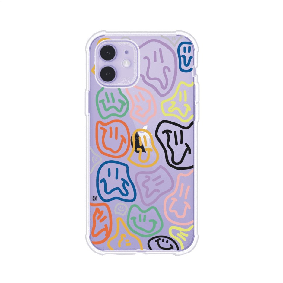 Funda para iPhone con diseño de caritas distorsionadas en colores neón sobre fondo negro. Estilo artístico, divertido y psicodélico. Diseño original de Remark MX