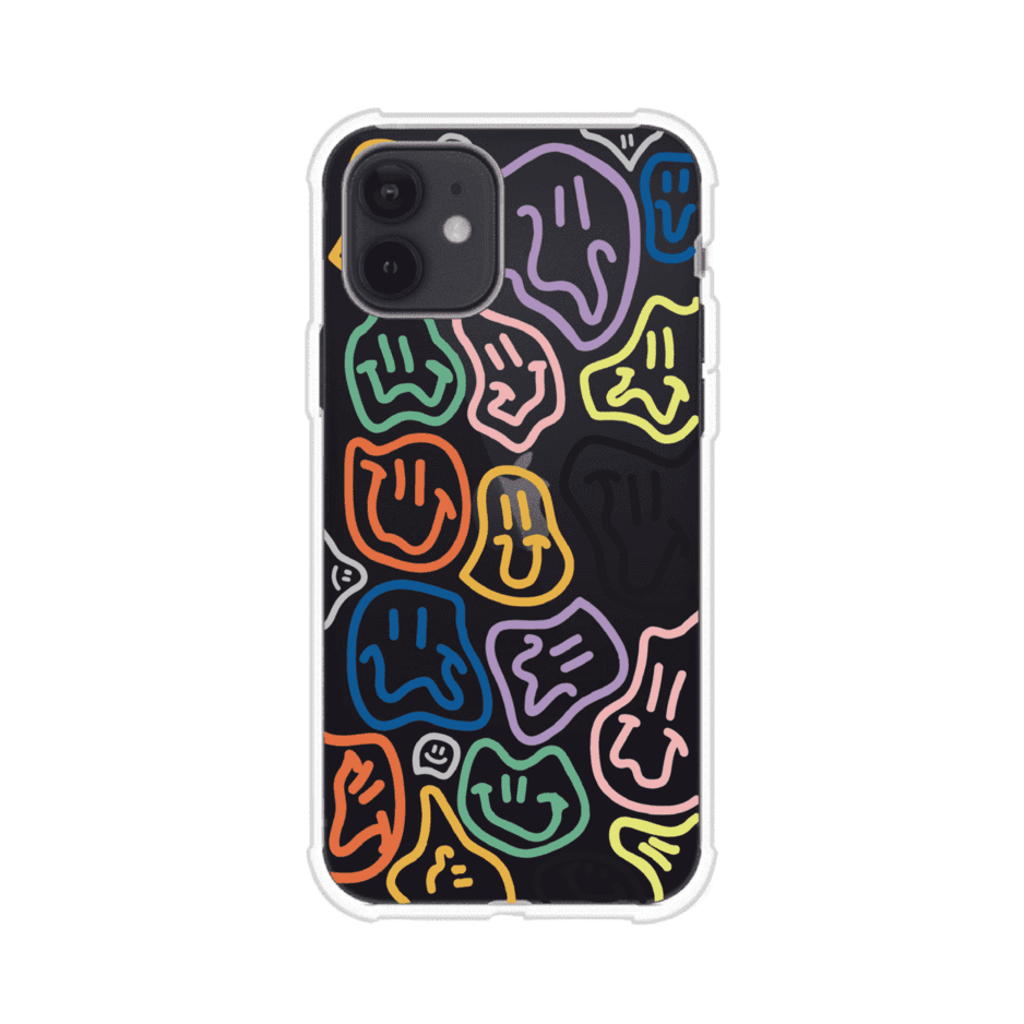 Funda para iPhone con diseño de caritas distorsionadas en colores neón sobre fondo negro. Estilo artístico, divertido y psicodélico. Diseño original de Remark MX