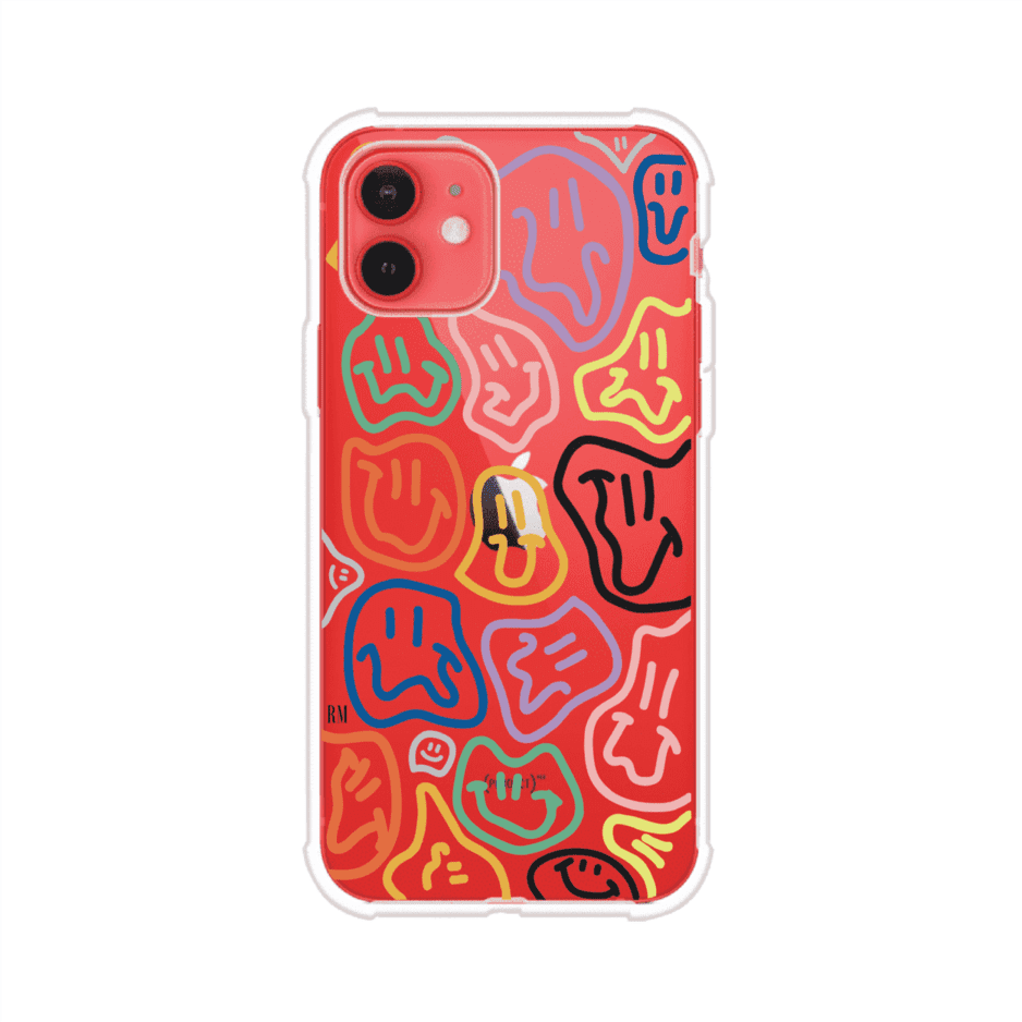 Funda para iPhone con diseño de caritas distorsionadas en colores neón sobre fondo negro. Estilo artístico, divertido y psicodélico. Diseño original de Remark MX