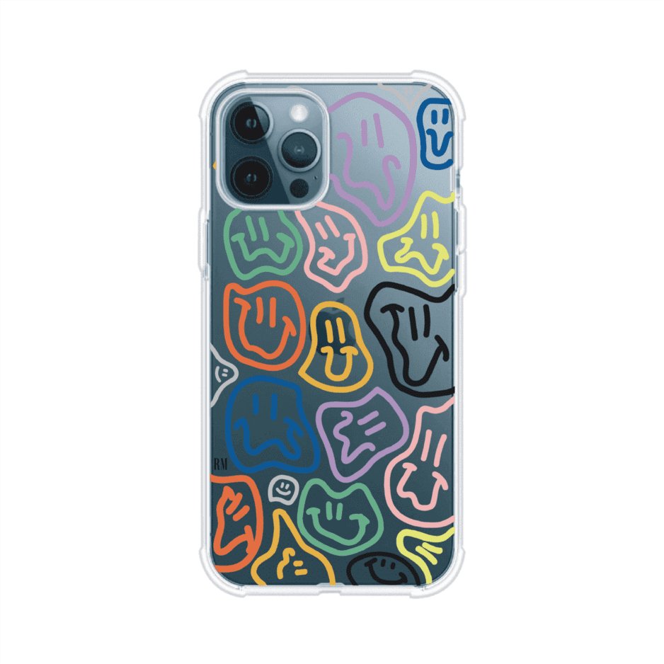 Funda para iPhone con diseño de caritas distorsionadas en colores neón sobre fondo negro. Estilo artístico, divertido y psicodélico. Diseño original de Remark MX