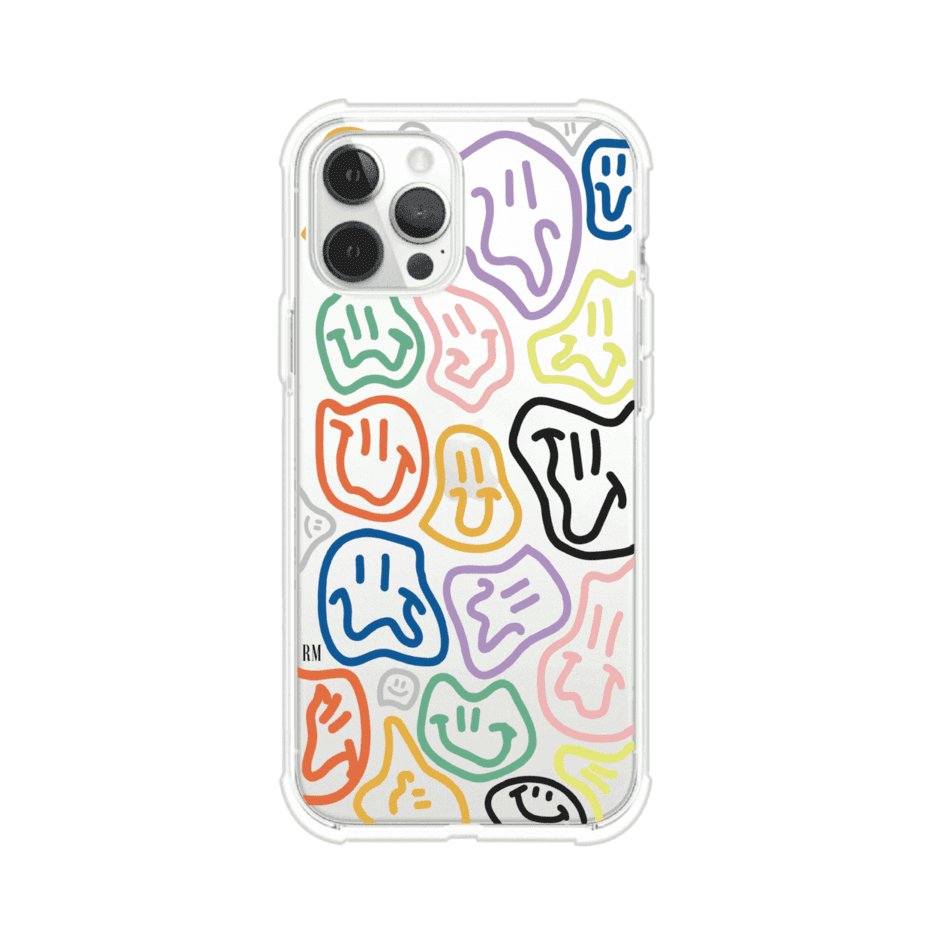 Funda para iPhone con diseño de caritas distorsionadas en colores neón sobre fondo negro. Estilo artístico, divertido y psicodélico. Diseño original de Remark MX