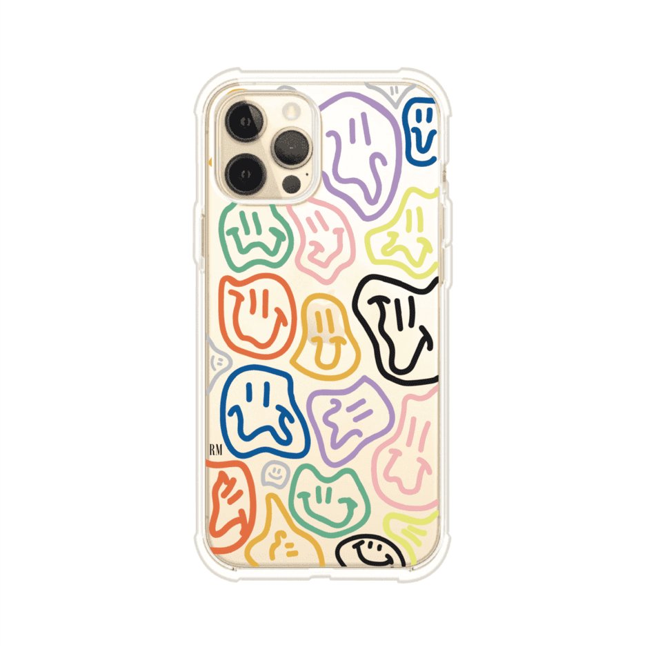 Funda para iPhone con diseño de caritas distorsionadas en colores neón sobre fondo negro. Estilo artístico, divertido y psicodélico. Diseño original de Remark MX