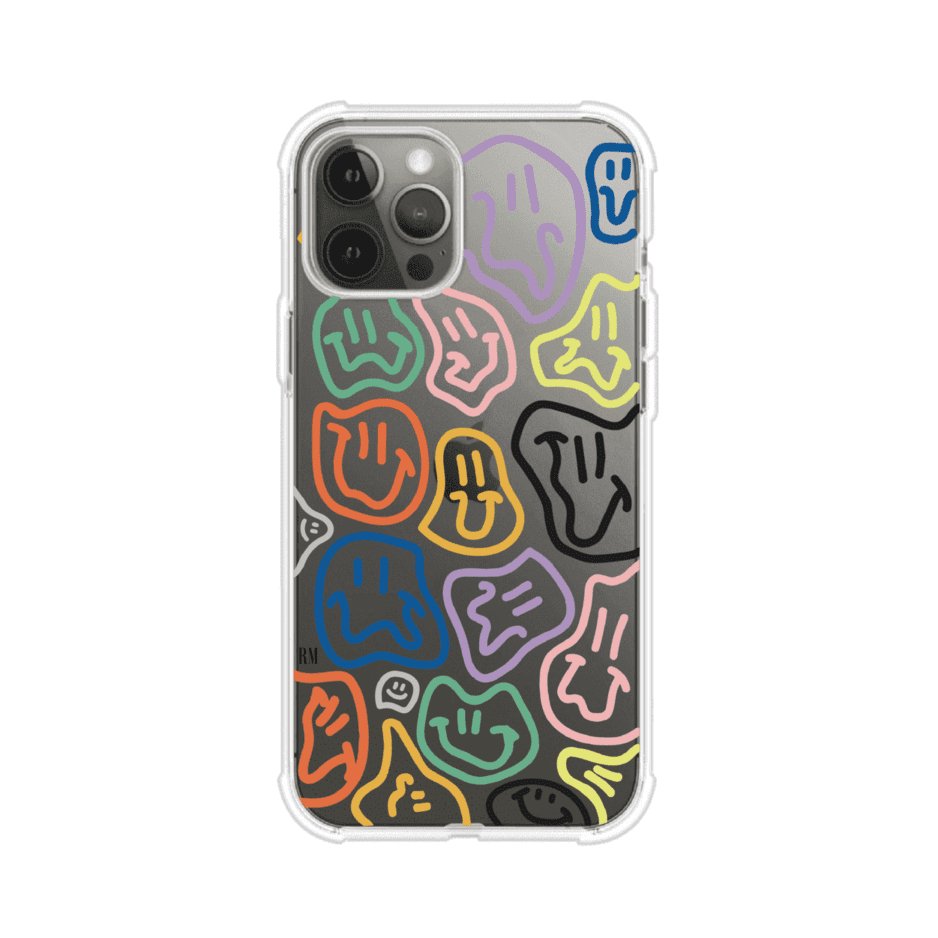 Funda para iPhone con diseño de caritas distorsionadas en colores neón sobre fondo negro. Estilo artístico, divertido y psicodélico. Diseño original de Remark MX