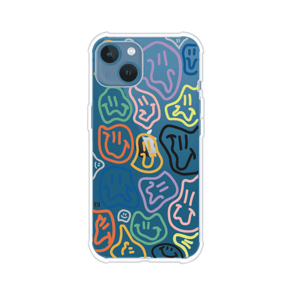 Funda para iPhone con diseño de caritas distorsionadas en colores neón sobre fondo negro. Estilo artístico, divertido y psicodélico. Diseño original de Remark MX
