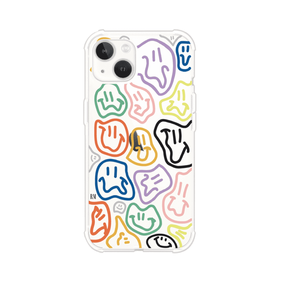 Funda para iPhone con diseño de caritas distorsionadas en colores neón sobre fondo negro. Estilo artístico, divertido y psicodélico. Diseño original de Remark MX