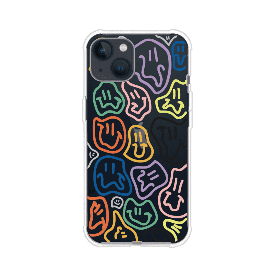 Funda para iPhone con diseño de caritas distorsionadas en colores neón sobre fondo negro. Estilo artístico, divertido y psicodélico. Diseño original de Remark MX