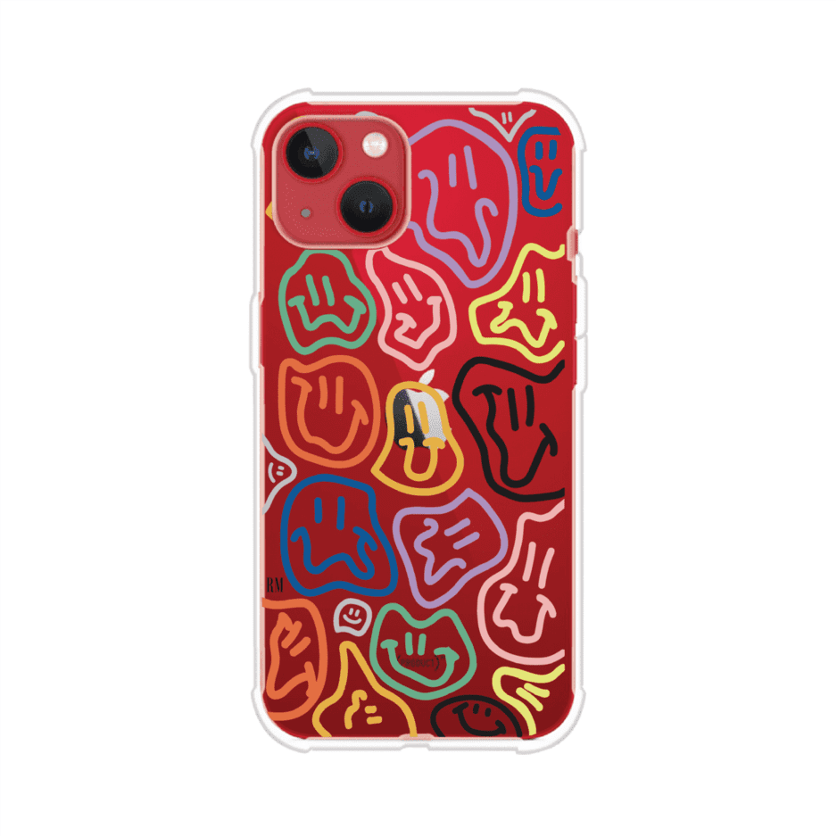 Funda para iPhone con diseño de caritas distorsionadas en colores neón sobre fondo negro. Estilo artístico, divertido y psicodélico. Diseño original de Remark MX