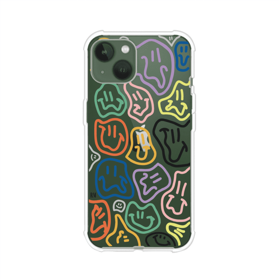 Funda para iPhone con diseño de caritas distorsionadas en colores neón sobre fondo negro. Estilo artístico, divertido y psicodélico. Diseño original de Remark MX