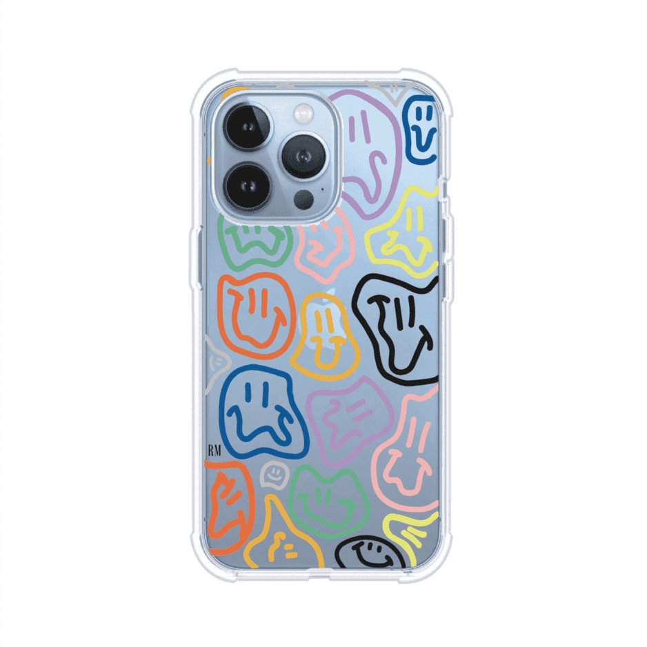 Funda para iPhone con diseño de caritas distorsionadas en colores neón sobre fondo negro. Estilo artístico, divertido y psicodélico. Diseño original de Remark MX