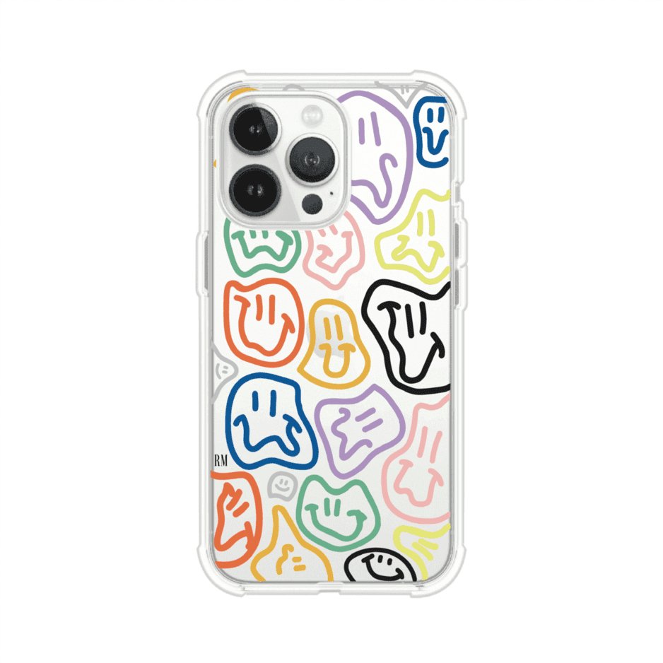 Funda para iPhone con diseño de caritas distorsionadas en colores neón sobre fondo negro. Estilo artístico, divertido y psicodélico. Diseño original de Remark MX