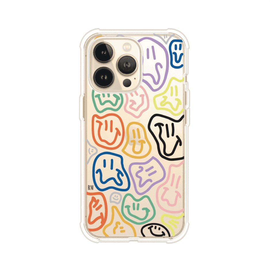 Funda para iPhone con diseño de caritas distorsionadas en colores neón sobre fondo negro. Estilo artístico, divertido y psicodélico. Diseño original de Remark MX