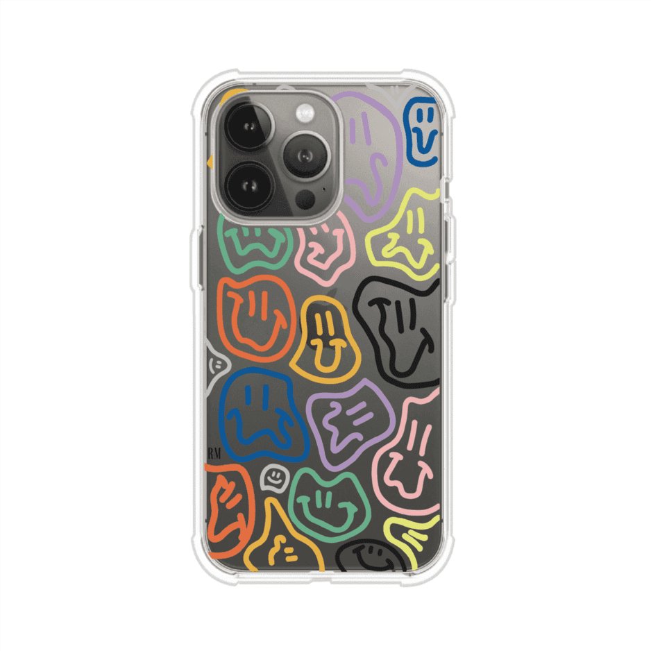 Funda para iPhone con diseño de caritas distorsionadas en colores neón sobre fondo negro. Estilo artístico, divertido y psicodélico. Diseño original de Remark MX